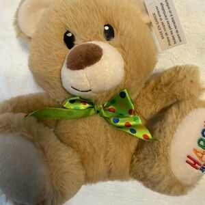 Plush Tan Teddy Bear with Green Bow